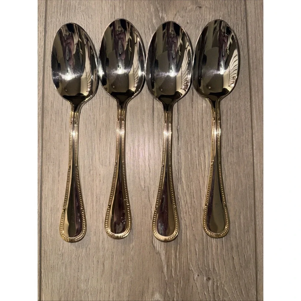 4‎ PCs Yamazaki Allegra Stainless Place Oval Soup Spoons w/Gold Accents Korea